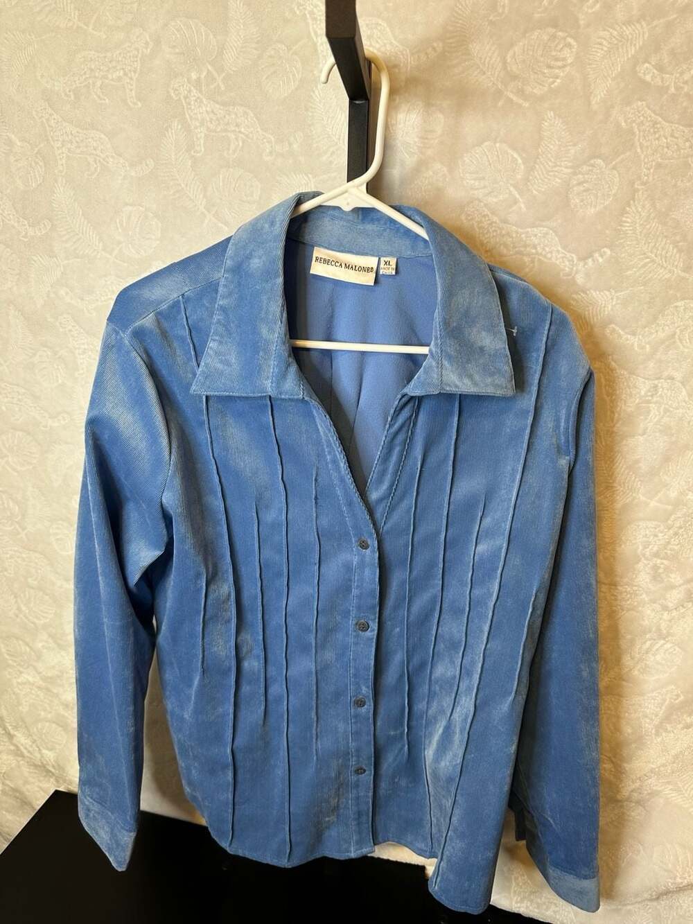 Rebecca Malone Blue Corduroy Pintuck Button Down Shirt Size XL
